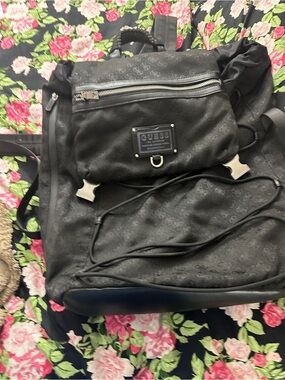 GUESS Black Logo-Print Men’s Backpack with Silver Hardware
